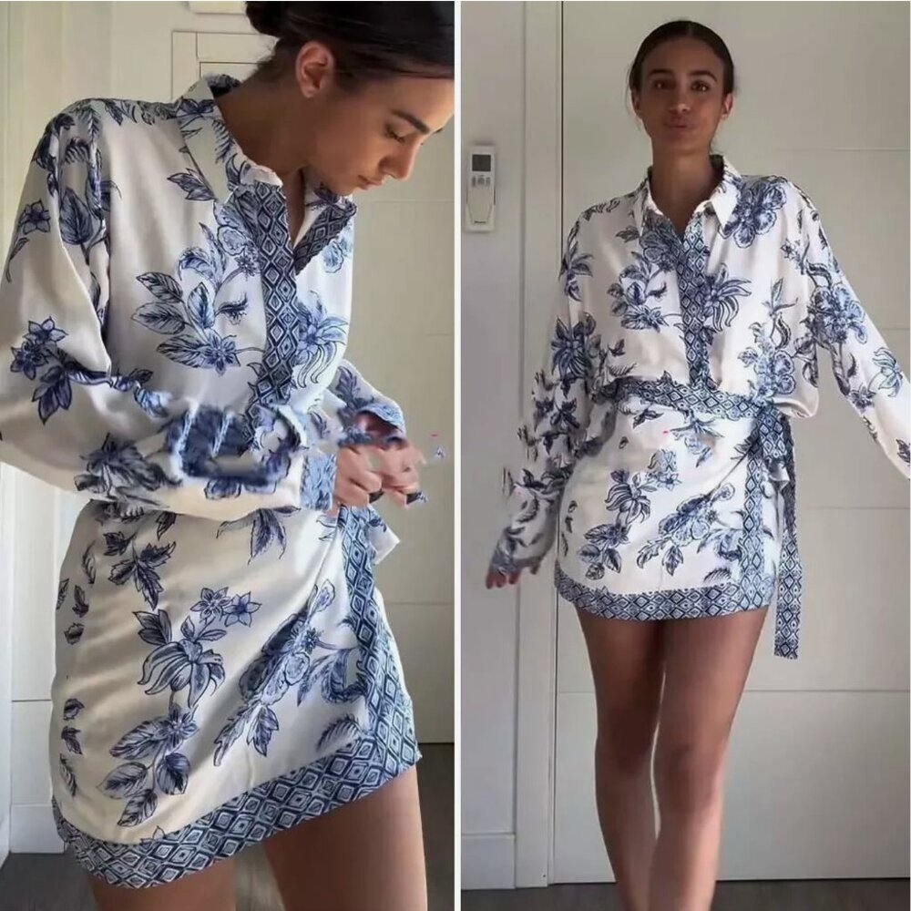 Zara woman floral linen viscose long sleeve shirt L white blue NWT 9878/097